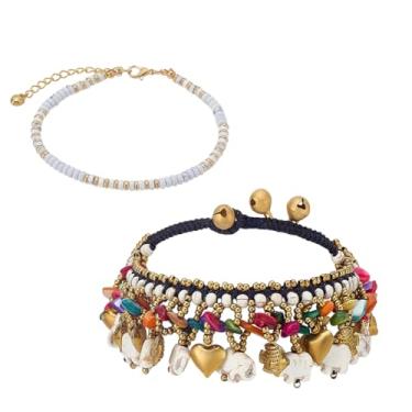 Imagem de PH PandaHall 2 pulseiras de tornozelo boêmias para mulheres, tornozeleiras com contas de disco de pedra preciosa de elefante, borla, tornozeleira, ajustável, boêmio, para férias na praia, festival
