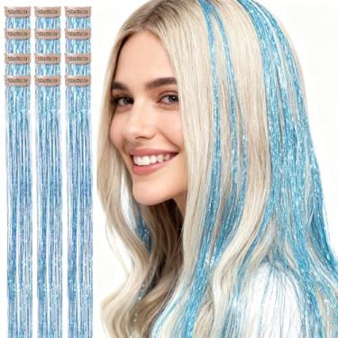 Imagem de CelineBella Tinsel de cabelo azul, presilha, 61 cm, pacote com 12 peças, 80 fios cada, cabelo de fada azul lago para meninas, para festa de Smurfs, cosplay, uso diário