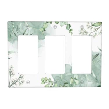 Imagem de Aquarela Folha Verde Floral 3 Gang Rocker Interruptor de Luz Placa Decorativa Tripla Tomada Placas de Parede GFCI Placa Elétrica Placa Frontal Dimmer para Quarto Banheiro Decoração de Casa 11,4 cm x