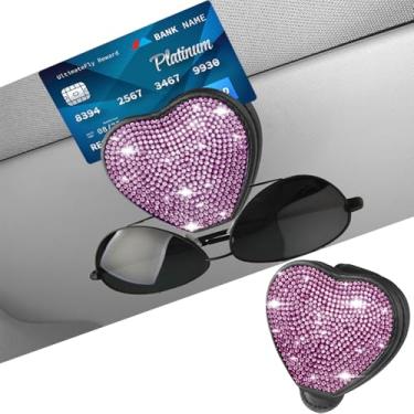 Imagem de Suporte de óculos de sol brilhante para viseira de sol de carro, suporte de suporte magnético de couro PU, clipes organizadores de óculos, decoração de cristal e clipe de cartão (rosa)