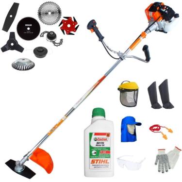 Imagem de Cortador de Grama À Gasolina Vulcan VR430-S 43cc 1,7HP Alta Rotação Roçadeira Completa Com Carretel Nylon e Kit 7 Opções de Corte + EPI + ÓLEO STIHL