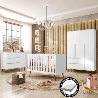 Imagem de Quarto de Bebê Melinda com Berço Americano Retrô Ana Branco e Colchão 