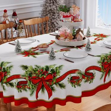 Imagem de Siilues Toalha de mesa de Natal 152 x 213 cm, oval, poinsétia vintage, fita dourada, capa de mesa, sazonal, inverno, borda recortada, impermeável, toalha de mesa de jantar, decoração de festa em casa