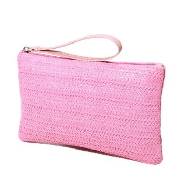 Imagem de Bolsa clutch feminina de palha - Bolsa de mão boêmia verão praia com zíper, rosa, Small