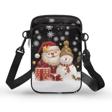 Imagem de Ozuxouey Bolsa tiracolo pequena feminina de Natal para celular, bolsa tiracolo de lona, bolsa transversal, Natal Papai Noel preto