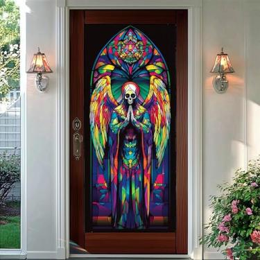 Imagem de HOMETITUTE Película de privacidade de anjo com caveira arco-íris gótica para janelas e portas de vidro, painel colorido de PVC para Halloween, 40,6 x 99 cm, decoração interna para escritório e casa