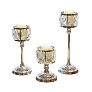 Imagem de Decoração de mesa 3 peças simples castiçal de vidro de ferro moderno ornamentos de decoração de mesa suporte de vela centro de mesa decorativo (prata)