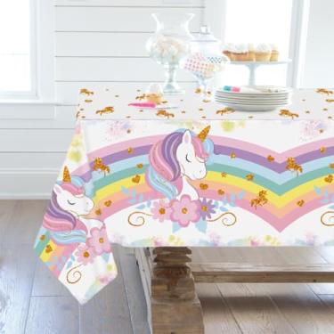 Imagem de 1 toalha de mesa colorida de aniversário com tema de unicórnio – plástico descartável, arco-íris e design floral com detalhes dourados, perfeita para decorações de festa, artigos de festa de