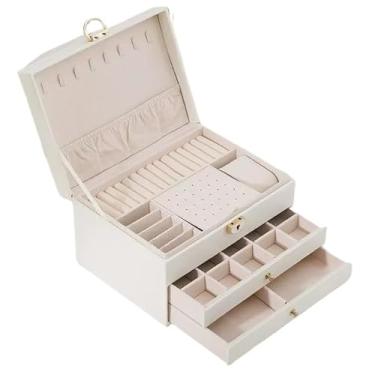 Imagem de Porta Joia Grande Dupla Camada Multifuncional Couro com Chave (branca(2gaveta))