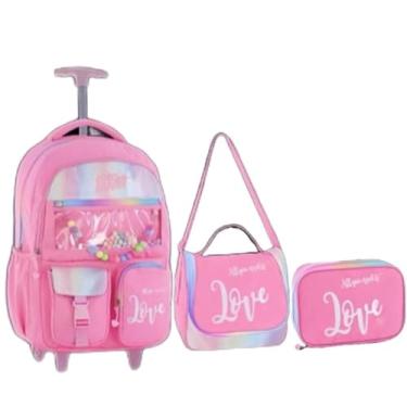 Imagem de Kit Mochila Holográfica Love 18” Escolar Juvenil 2 Rodas Feminino Passeio Escolar Metalizado Lancheira Térmica E Estojo (ROSA)
