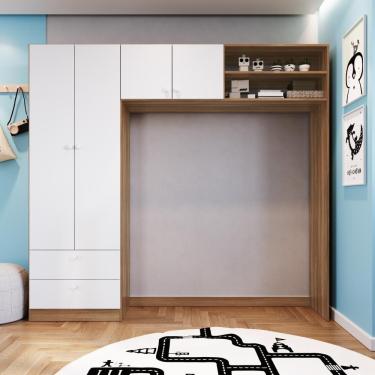 Imagem de Guarda-roupa Infantil 4 Portas E 2 Gavetas Com Nichos, Prateleira E Cabideiro Para Quarto De Bebê Nogal Com Branco