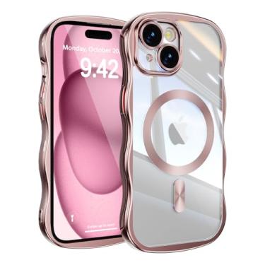 Imagem de UEEBAI Capa para iPhone 13/14, linda capa magnética de celular com moldura ondulada compatível com Magsafe, capa de telefone galvanizada macia para mulheres e meninas - rosa