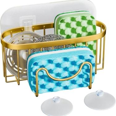 Imagem de Suporte de esponja para pia de cozinha, organizador de pia de cozinha sem perfuração para esponjas, esfregadores, organizador para balcão com ventosas e almofada adesiva