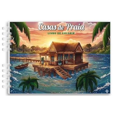 Imagem de Livro De Colorir Casas de Praia férias Capa Holográfica 50 Desenhos Folha Grossa Capa Dura Wire-o A5 colorindo arteterapia adultos