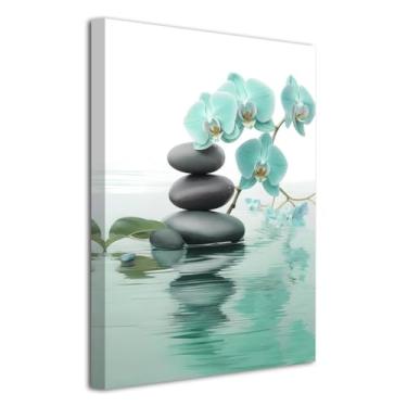 Imagem de LZIMU Arte de parede Zen banheiro flor orquídea com pedras zen imagens spa pintura natureza morta impressões em tela para meditação decoração de quarto espiritual emoldurada (azul-petróleo, 45,7 cm C
