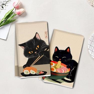 Imagem de 2 peças de toalhas de cozinha estilo japonês para gatos 35 x 61 cm, toalha de prato decorativa de microfibra absorvente, toalhas de mão de waffle para cozinha, casa, banheiro, presentes para amantes
