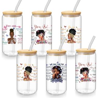 Imagem de Jingmore 6 peças presentes afro-americanos copos de 473 ml com tampas e canudo preto meninas mulheres presentes inspiradores xícaras de café para o Natal Kwanzaa juneteenth Birthday