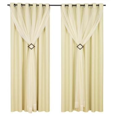 Imagem de Cortina Corta Luz 3,00m X 2,80m 100% Blackout Com Voil Branco Para Sala Ou Quarto Varão Simples(Palha)