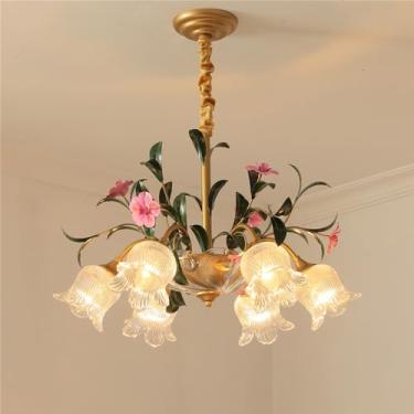 Imagem de Lustre Pastoral Francês com Flores Americanas - Luminária Pendente Decorativa LED para Sala de Estar, Restaurante, Quarto, Villa, Café, Loja de Roupas e Casa (BB 6 Lâmpadas)