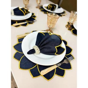 Imagem de Conjunto de 12 jogos americanos estilo americano Jogos americanos para uma mesa de jantar para 6 pessoas Arranjo de mesa Guardanapos redondos Mesa de jantar(Girassol azul-amarelo)