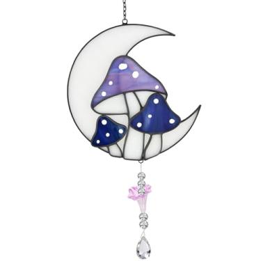 Imagem de Decoração de janela de vitral com prisma de cristal, apanhador solar da lua com 3 cogumelos, arte colorida feita à mão para casa, jardim, presentes