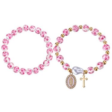 Imagem de Pulseiras femininas com contas cruzadas - 2 peças pulseiras elásticas feitas à mão Jesus com contas douradas delicadas joias românticas presente para cristãos, Free, Cristal, Cristal