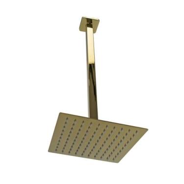 Imagem de Ducha Inox Quadrado 20x20 Dourado Com Braço Suporte Teto 40 Cm - AMG M