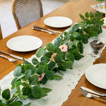 Imagem de Guirlanda de folhas de rosas artificiais de 1,8 m, 11 flores rosa falsas – decoração floral de videira para centros de mesa de casamento, caminho de mesa, pano de fundo, decoração de parede em arco