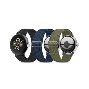 Imagem de Pulseiras de nylon elástico compatíveis com Google Pixel Watch 3 de 41 mm, pulseira para Pixel Watch 2, terminais de metal atualizados - Alças elásticas ajustáveis esportivas para mulheres e homens
