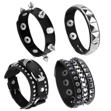 Imagem de Hikio 4 pulseiras de couro punk rock, acessórios góticos retrô vintage para mulheres e homens 80 rebites conjunto de pulseiras de metal unissex