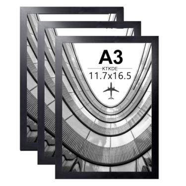 Imagem de KTKDE Conjunto de 3 molduras para pôster A3, moldura preta de madeira - 42 x 29,7 cm, moldura de certificado com acrílico para montagem na parede ou mesa