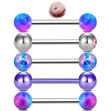 Imagem de Melighting Conjunto de anéis de língua 14G, 5 peças, joia roxa para piercing de língua, piercing de aço cirúrgico 316L, pacote de barras de bola de barra corporal CZ transparente para mulheres 16 mm