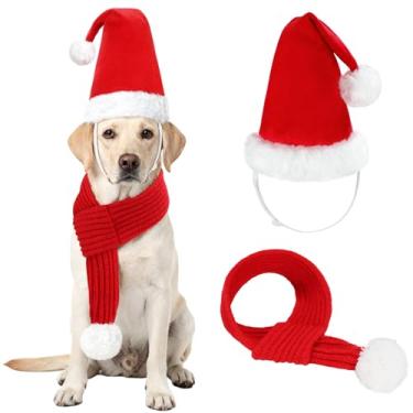 Imagem de Rypet Chapéu de Papai Noel e cachecol com bola de pompom branca, fantasias de cachorro de Natal, chapéu de Papai Noel, cachecol de inverno para cães e gatos de pequeno a médio porte GG