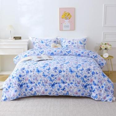 Imagem de Mooreeke Capa de edredom floral, tamanho Queen, conjunto de capa de edredom de 3 peças de borboleta violeta e flores com fecho de zíper, conjunto de cama de microfibra macia e respirável com 4 laços