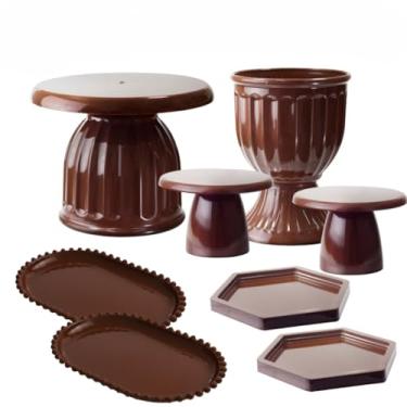 Imagem de Kit Boleira Festa E Bandeja, Kit Moderno Boleira Romana 17cm, 1 Vaso Romano, 2 Mini Slim, 2 Bandeja Perola Oval, 2 Mini Sextavadas(Marrom)