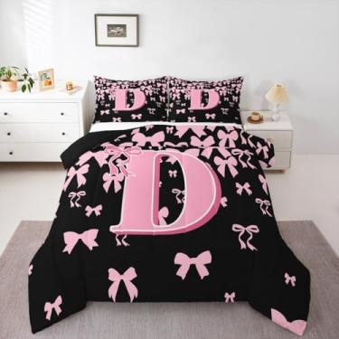 Imagem de jejeloiu Conjunto de cama com laço fofo para meninos e meninas, com letra D, solteiro, preto, rosa, coquete, laço, edredom com monograma, 2 peças com 1 fronha