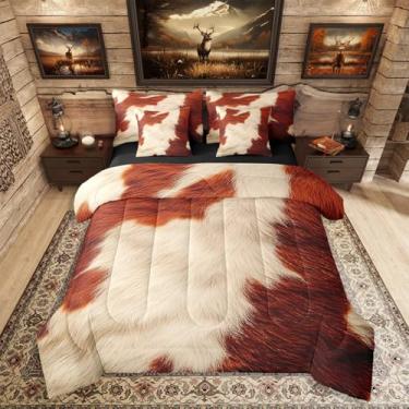 Imagem de Erosebridal Jogo de cama casal, de couro bovino marrom, estampa de vaca, 7 peças, rústico, caubói ocidental, para decoração de quarto de meninos, adolescentes e adultos, lençol de fazenda