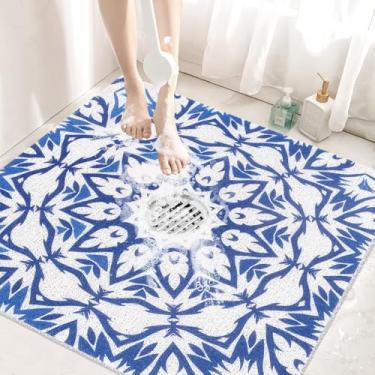 Imagem de Tapetes de chuveiro antiderrapantes quadrados: tapete de chuveiro extra grande de 81 x 81 cm com orifício de drenagem no meio, tapete de banho de bucha de PVC para chuveiro, tapete de chuveiro