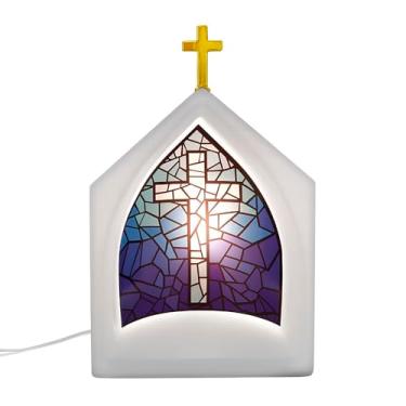 Imagem de Luminária de bancada Oratório Capela Sagrada Vitral Azul Luz Decorativa Bivolt