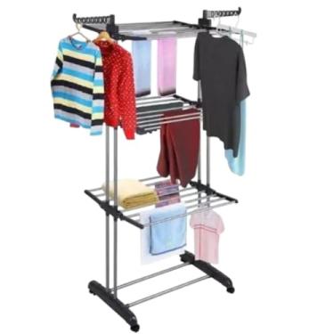 Imagem de Multi Varal de Chão Dobrável, 3 Andares, Preto, ABS e Aço, 170x70x65cm, com Rodízios e 6 Prateleiras, Suporta 48kg, para Apartamentos