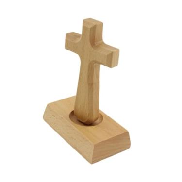 Imagem de oshhni Estátua de cruz de madeira em pé, estatueta ornamental de madeira, acessório versátil para decoração de casa, escultura artesanal para o lar.