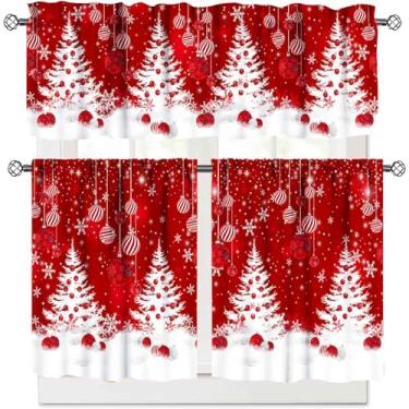 Imagem de Sanefas de janela de Natal para cozinha, árvore de Natal vermelha, floco de neve, inverno, férias, janelas, painéis de cortina curta para quarto, sala de estar, banheiro, decoração, conjunto de 3