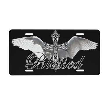 Imagem de KOSUES Blessed Angel Wings Cross Placa de licença de alumínio cristão 15 x 30 cm capa de placa de carro frontal de metal acessório de decoração de carro novidade etiqueta de decoração de vaidade com 4