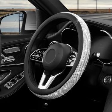 Imagem de ZNDAW Capa de volante de couro diamante, protetor de roda antiderrapante com strass de cristal brilhante de 38 cm, capa de volante de diamante elegante universal brilhante para mulheres e meninas