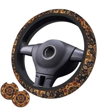Imagem de Capa de volante étnica boêmia com 2 porta-copos de carro antiderrapante neoprene para mulheres e homens, conjunto universal de 38 cm, elegante e prático