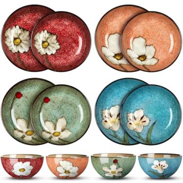 Imagem de Qinyoung 12 tigelas de cerâmica e pratos profundos, conjunto de 4 utensílios de jantar florais de porcelana colorida, seguro para micro-ondas e lava-louças, para cereais, salada, sopa, sobremesa
