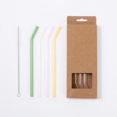Imagem de Fajarshine Conjunto de 4 canudos reutilizáveis 23 cm x 0,99 cm Canudo de vidro dobrado com escova de limpeza Tubos de cores sortidas adequados para água, leite, suco, café