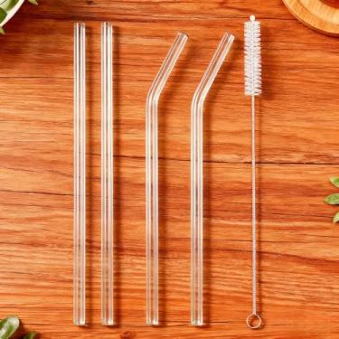 Imagem de Conjunto de 4 canudos de vidro reutilizáveis com escova, canudos transparentes de 8,5 x 10 mm, 2 canudos retos e 2 dobrados para vitaminas, café gelado, suco, chá, coquetéis