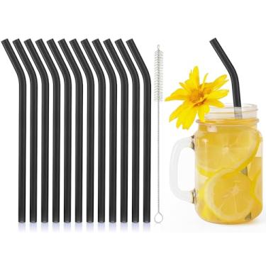 Imagem de 12 canudos reutilizáveis de vidro de 20 cm x 8 mm com 1 escova de limpeza, canudos de smoothie dobrados de vidro transparente com alto teor de borossilicato para chá, vitaminas, milkshakes, sucos