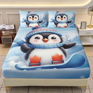 Imagem de AILONEN Jogo de lençol casal fofo pinguim para crianças, meninas, meninos, desenho animal de snowboard, macio, 3 peças, lençol com tema do mundo da neve + 2 fronhas